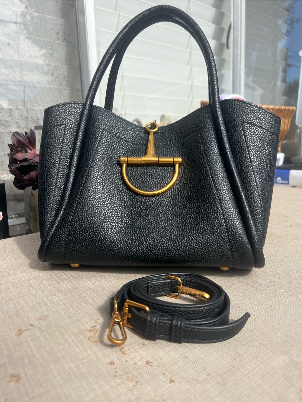 Black Pebbled Leather Tote with Gold Hardware